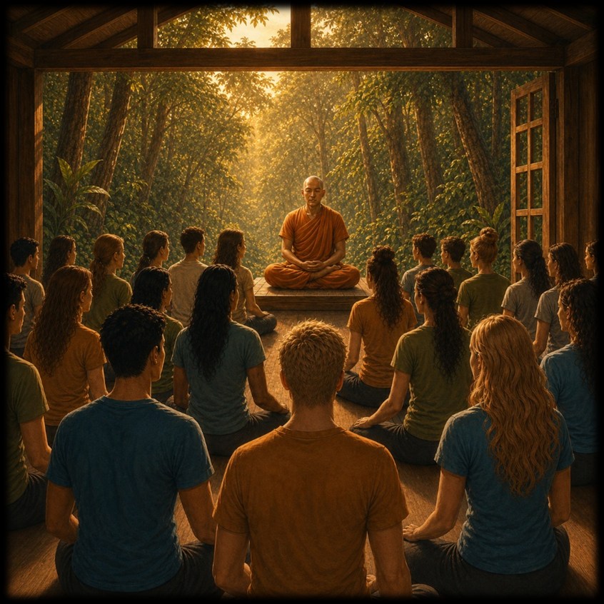 Společná meditace s mnichem v otevřeném dřevěném pavilonu v klášteře Suan Mokkh