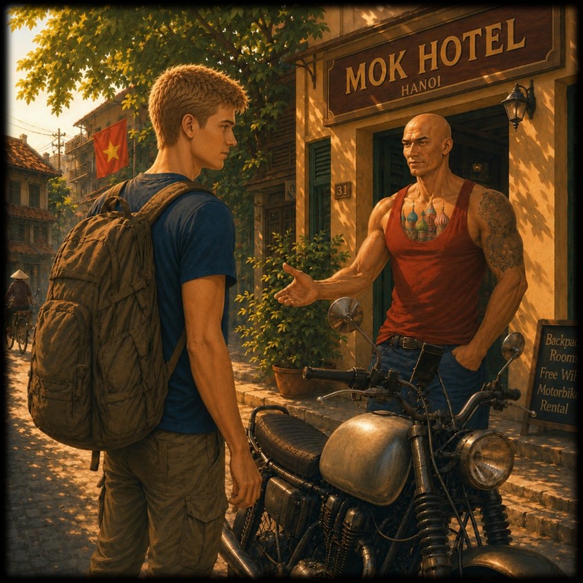 Jack přebírá motorku od ruského cestovatele v Hanoji
